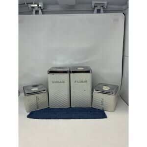 Lincoln Beautyware White Tin Kitchen Container Set Vintage Art Deco Mid-Century